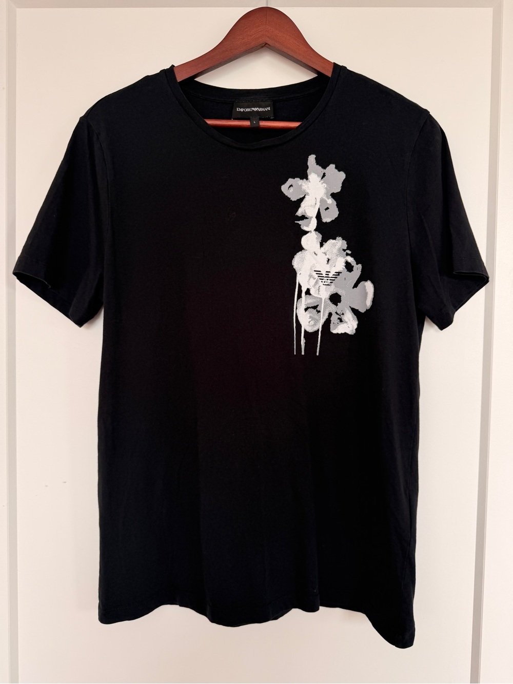 Emporio Armani Black T-Shirt with White Floral Logo